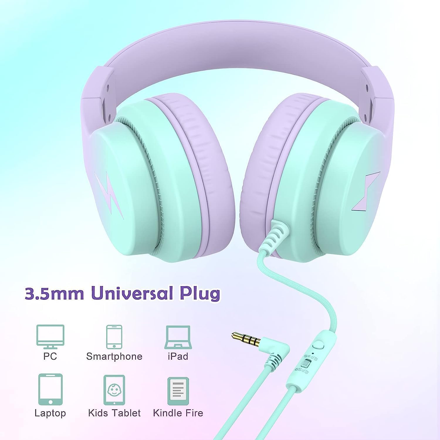 Candy Bila Candy Bila Kids Headphones Wired Over Ear with Microphone Volume Limiter Foldable Gradient Purple for Learning and Entertainment - View 4 of 7