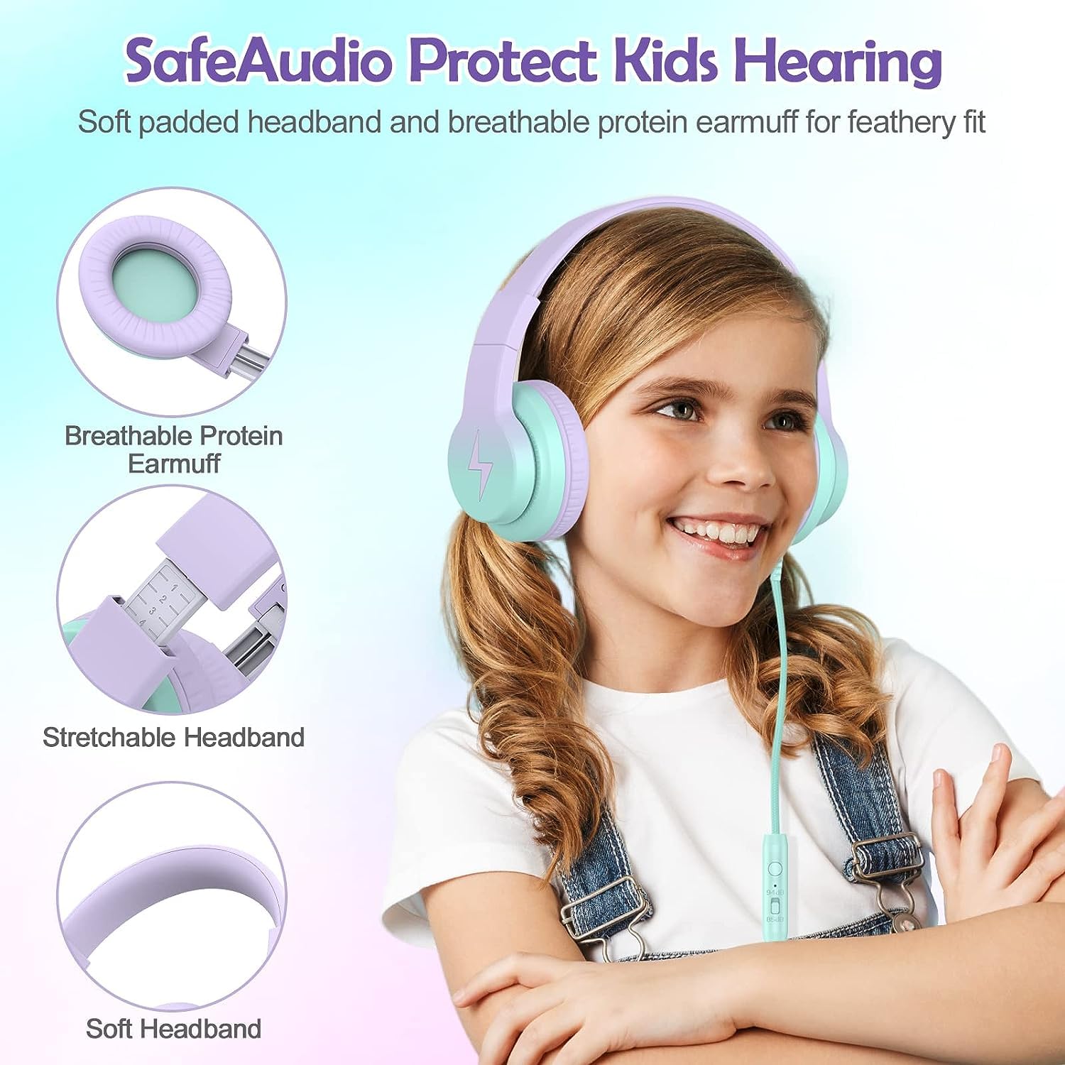 Candy Bila Candy Bila Kids Headphones Wired Over Ear with Microphone Volume Limiter Foldable Gradient Purple for Learning and Entertainment - View 6 of 7