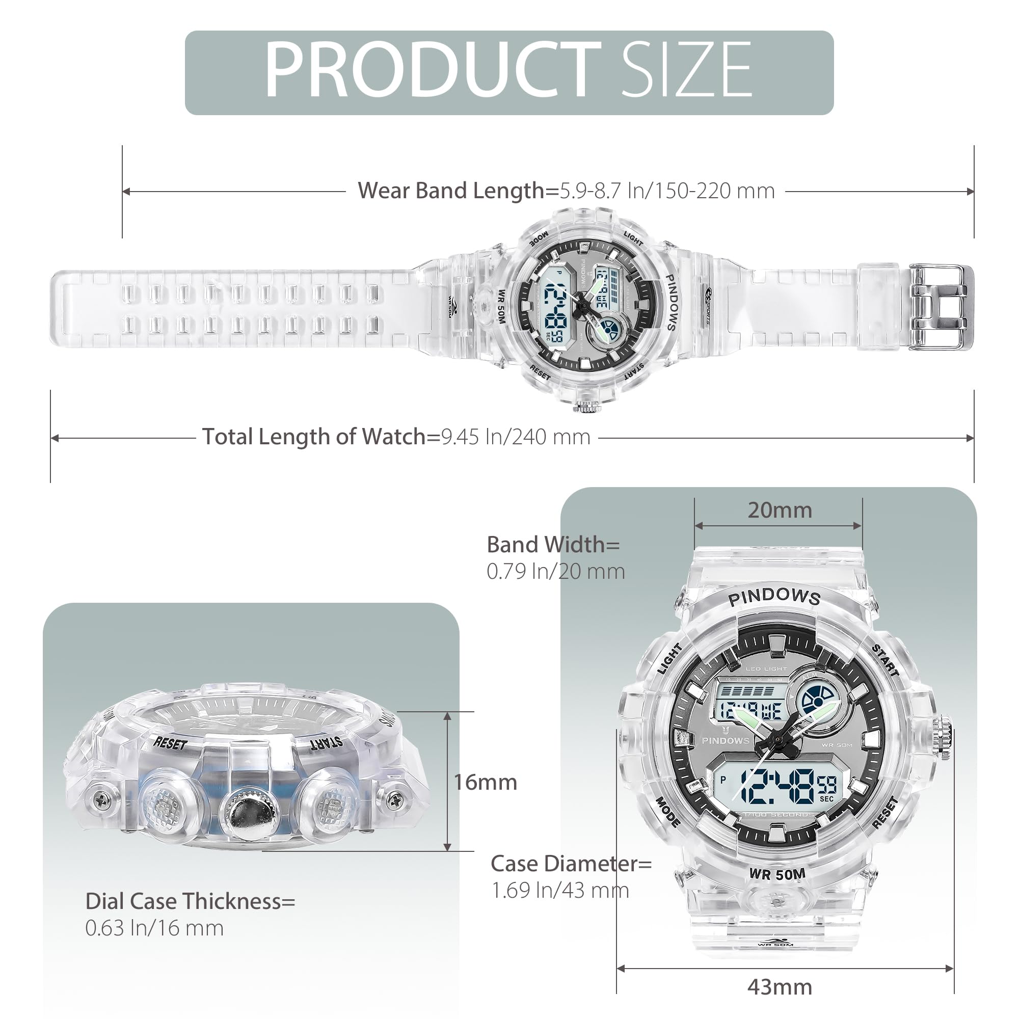 PINIDOUS PINIDOUS Womens Digital Sports Watch with 7 Color LED Light Large Display Waterproof Multi-Function Alarm Stopwatch Wrist Watch - View 4 of 6