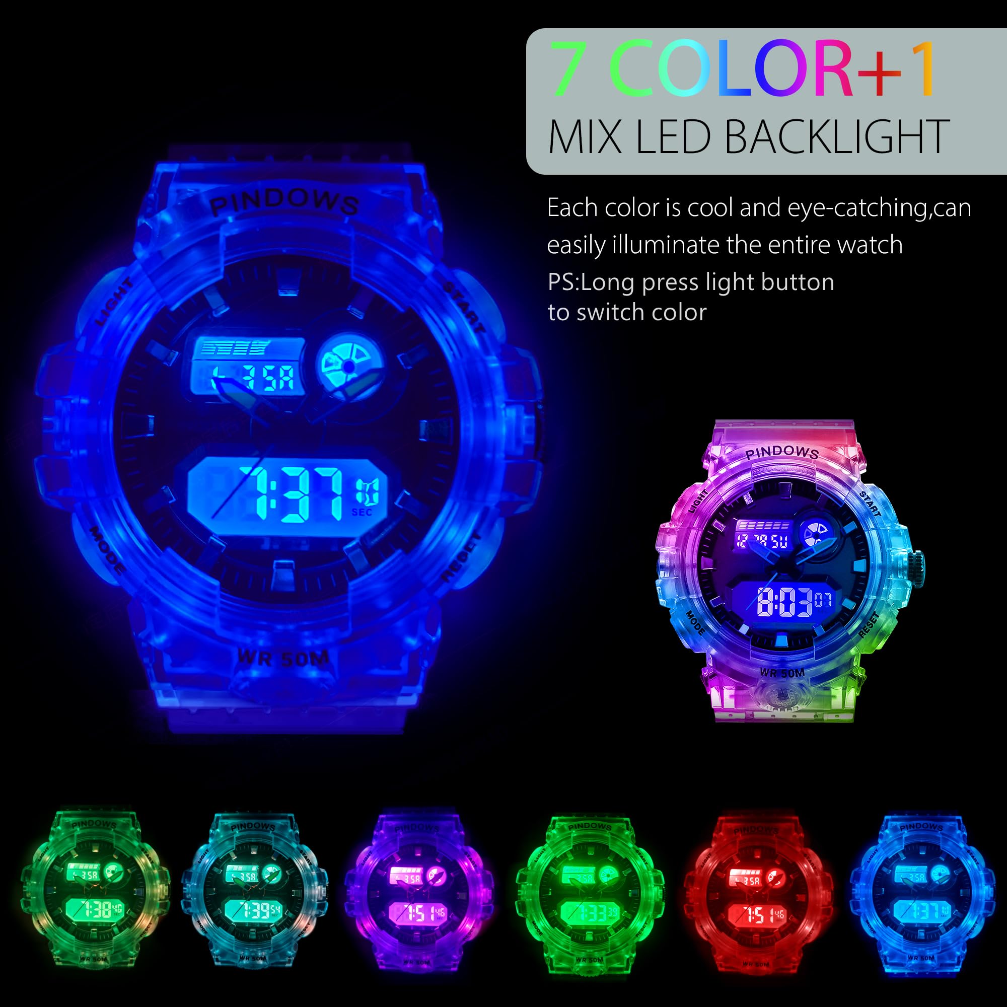 PINIDOUS Womens Digital Sports Watch with 7 Color LED Light Large Display Waterproof Multi-Function Wrist Watch for Women - View 2 of 6