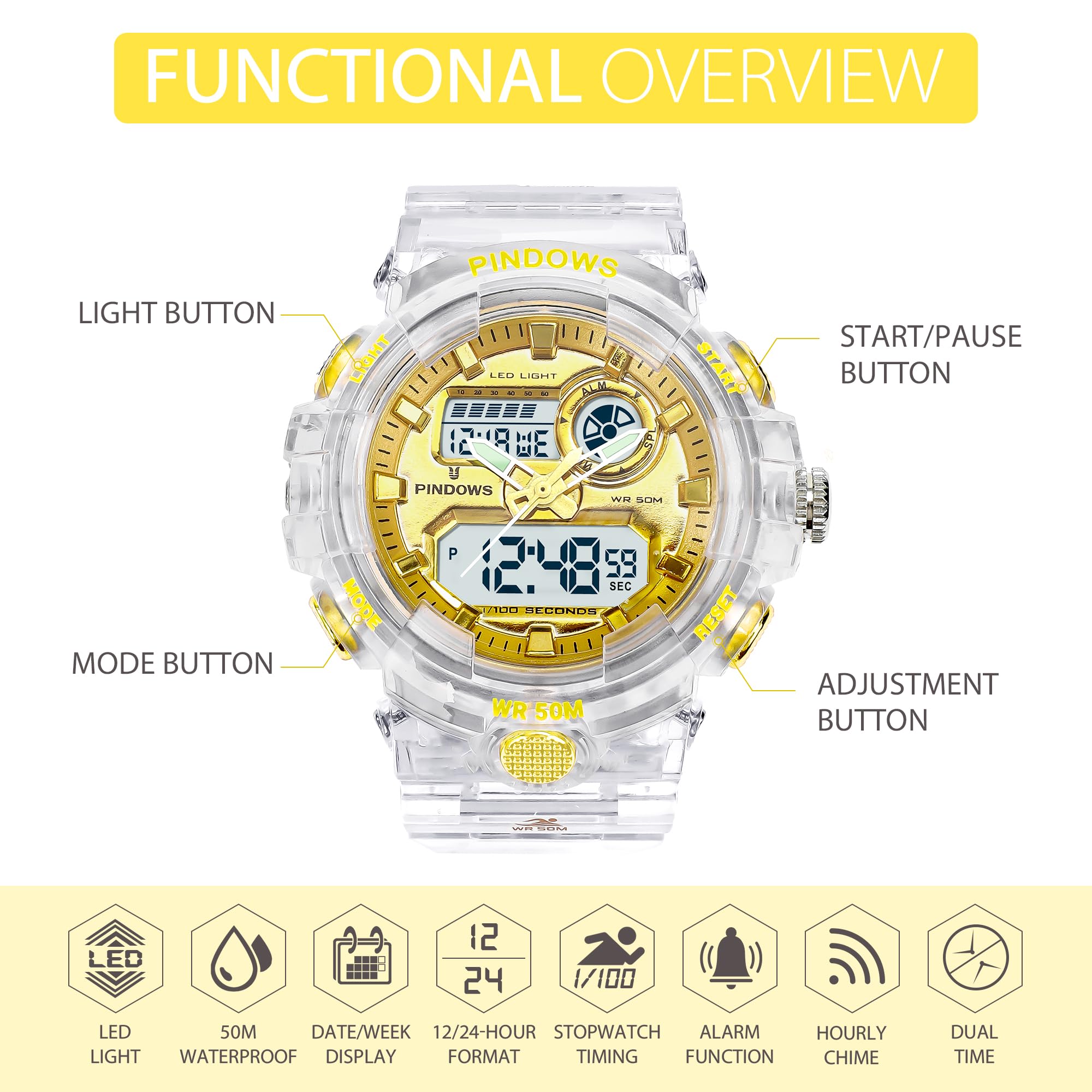 PINIDOUS Womens Digital Sports Watch with 7 Color LED Light Large Display Waterproof Multi-Function Wrist Watch for Women - View 3 of 6