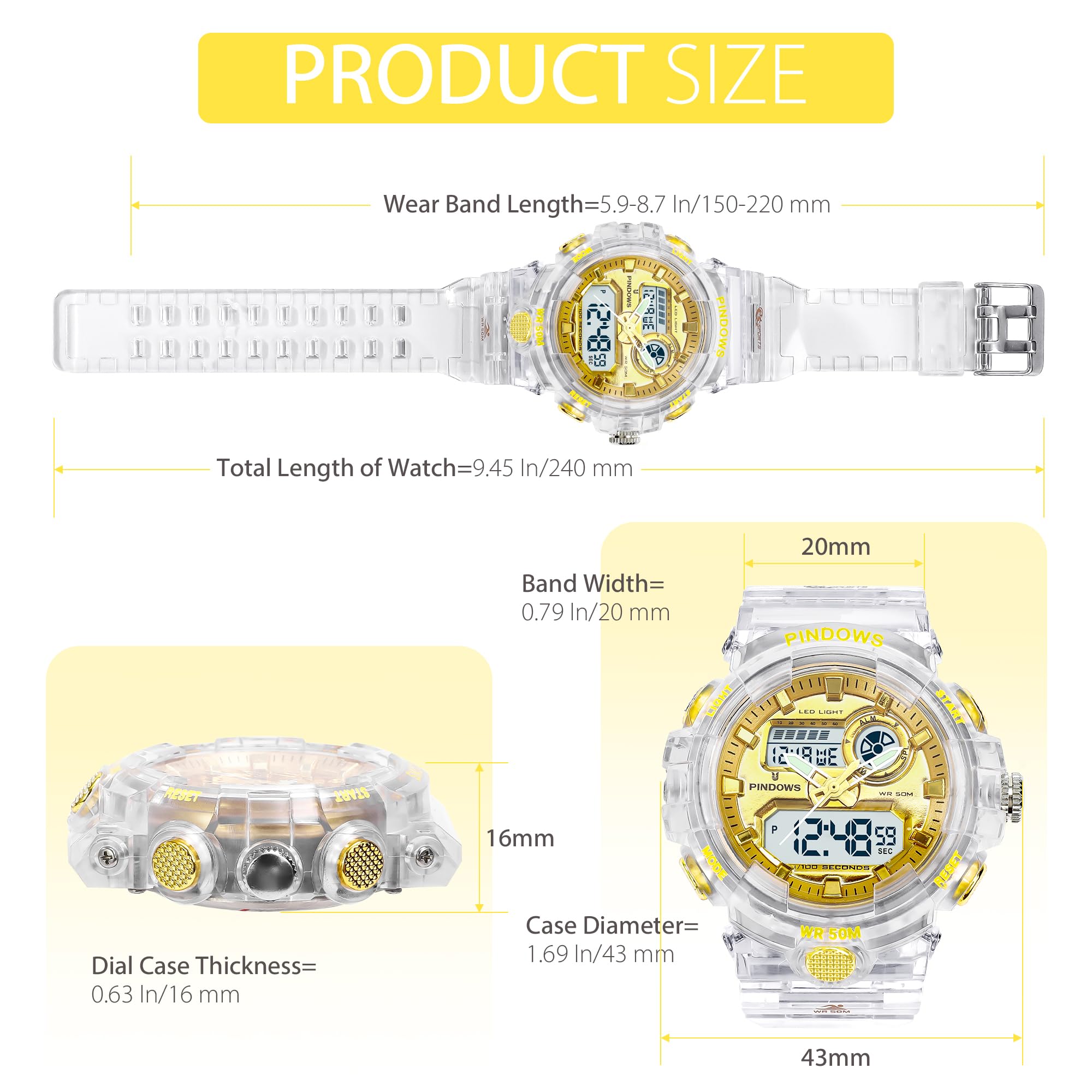 PINIDOUS Womens Digital Sports Watch with 7 Color LED Light Large Display Waterproof Multi-Function Wrist Watch for Women - View 4 of 6