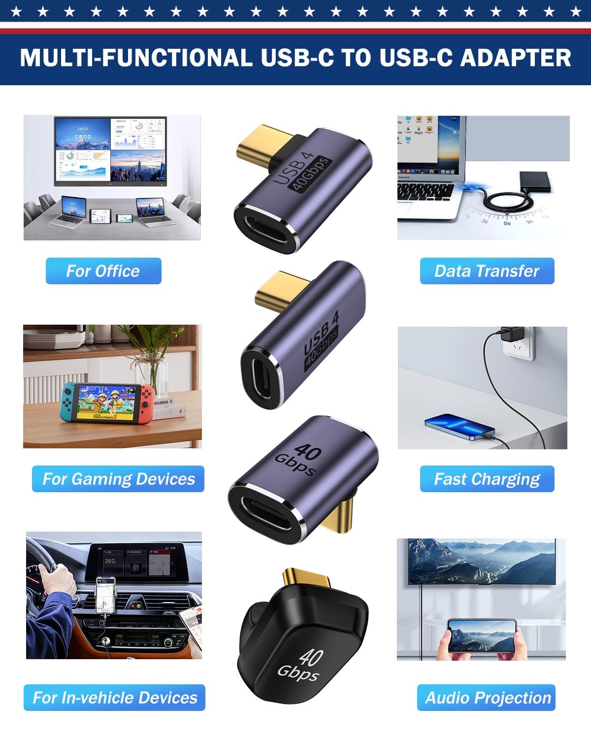 ShineeKee ShineeKee 90 Degree USB C Right Angle Adapter 40Gbps Data Transfer USB 4.0 Thunderbolt 4 Connector Extender for Mobile Devices 2 Pack - View 7 of 7