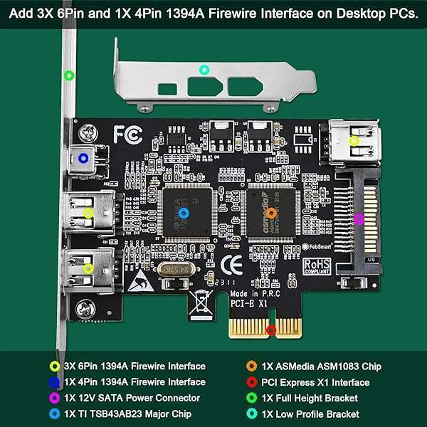 FebSmart FebSmart 4-Port PCIe Firewire 400 Expansion Card - Fast 400Mbps, Plug & Play for Windows/MAC, TI TSB43AB23 - View 4 of 10