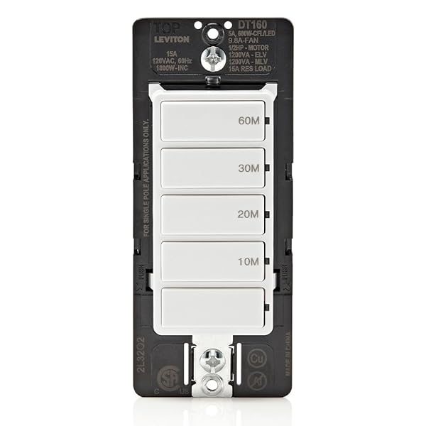 Leviton Countdown Timer Switch for Bathroom Fan & Lights - No Neutral, 10-60 Min, 15A, Easy Install, White