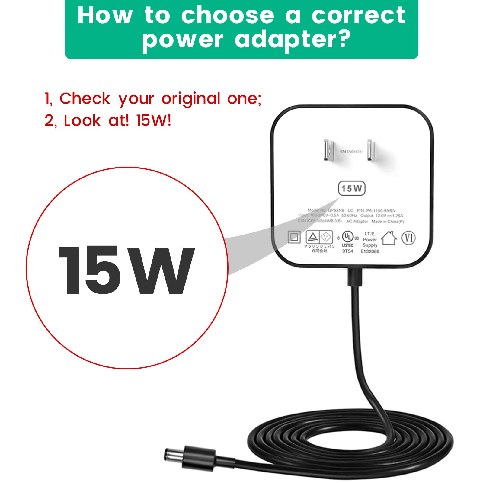 weishan 15W Power Cord Adapter for Echo Pop Dot 5th 4th 3rd Gen Kids Edition TV Cube Smart Speakers White Wall Charger 5ft Long Cable - View 2 of 6