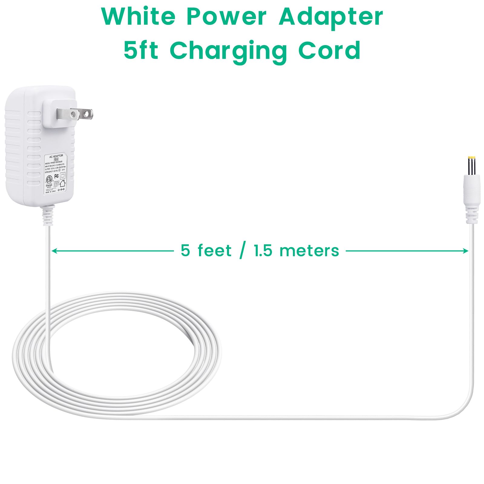 weishan 15W Power Cord Adapter for Echo Pop Dot 5th 4th 3rd Gen Kids Edition TV Cube Smart Speakers White Wall Charger 5ft Long Cable - View 6 of 6