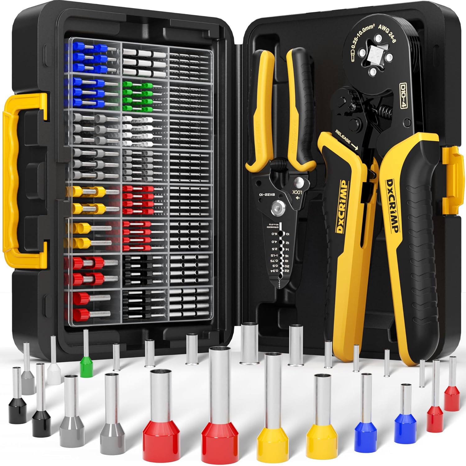 DXCRIMP DxCRIMP Ferrule Crimping Tool Kit with Ratchet Pliers for 24-8 AWG Includes 24 Types of Insulated and Non-Insulated Ferrules