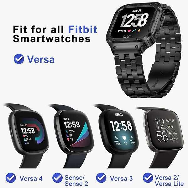 SUPLINK SUPLINK Stainless Steel Bands for Fitbit Versa 4, 3, 2 & Sense - Durable Black Watch Strap & Protector Cover for Men - View 5 of 8