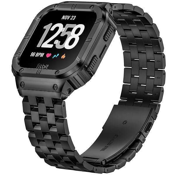 SUPLINK SUPLINK Stainless Steel Bands for Fitbit Versa 4, 3, 2 & Sense - Durable Black Watch Strap & Protector Cover for Men