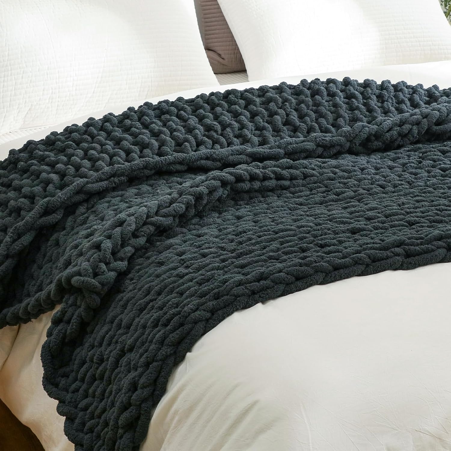 YAAPSU YAAPSU Chunky Knit Throw Blanket 51x63 Hand Knitted Thick Cable Knit Cozy Jumbo Chenille Yarn Soft Large Rope Knot for Sofa Bed Living Room Decor Black Grey - View 3 of 9