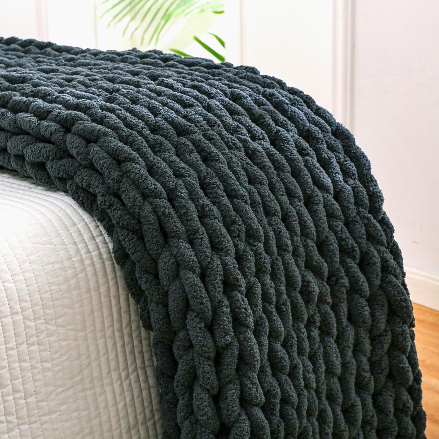 YAAPSU YAAPSU Chunky Knit Throw Blanket 51x63 Hand Knitted Thick Cable Knit Cozy Jumbo Chenille Yarn Soft Large Rope Knot for Sofa Bed Living Room Decor Black Grey - View 6 of 9