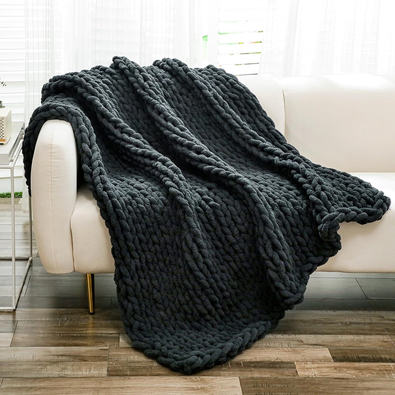 YAAPSU YAAPSU Chunky Knit Throw Blanket 51x63 Hand Knitted Thick Cable Knit Cozy Jumbo Chenille Yarn Soft Large Rope Knot for Sofa Bed Living Room Decor Black Grey