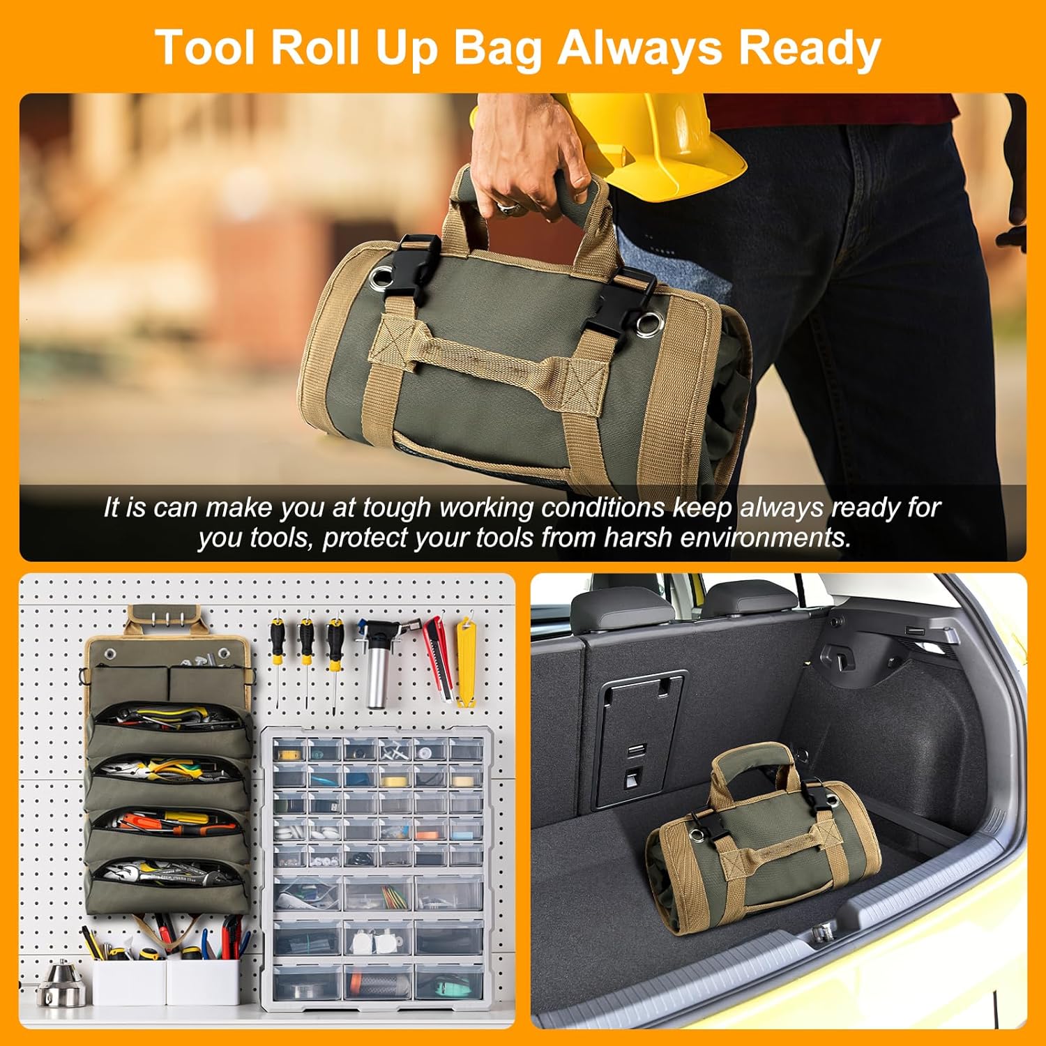 FOUUAAOOU Small Roll Up Tool Bag with Detachable Pouches Heavy Duty Organizer for Mechanics and Electricians Green Gift for Men - View 2 of 9