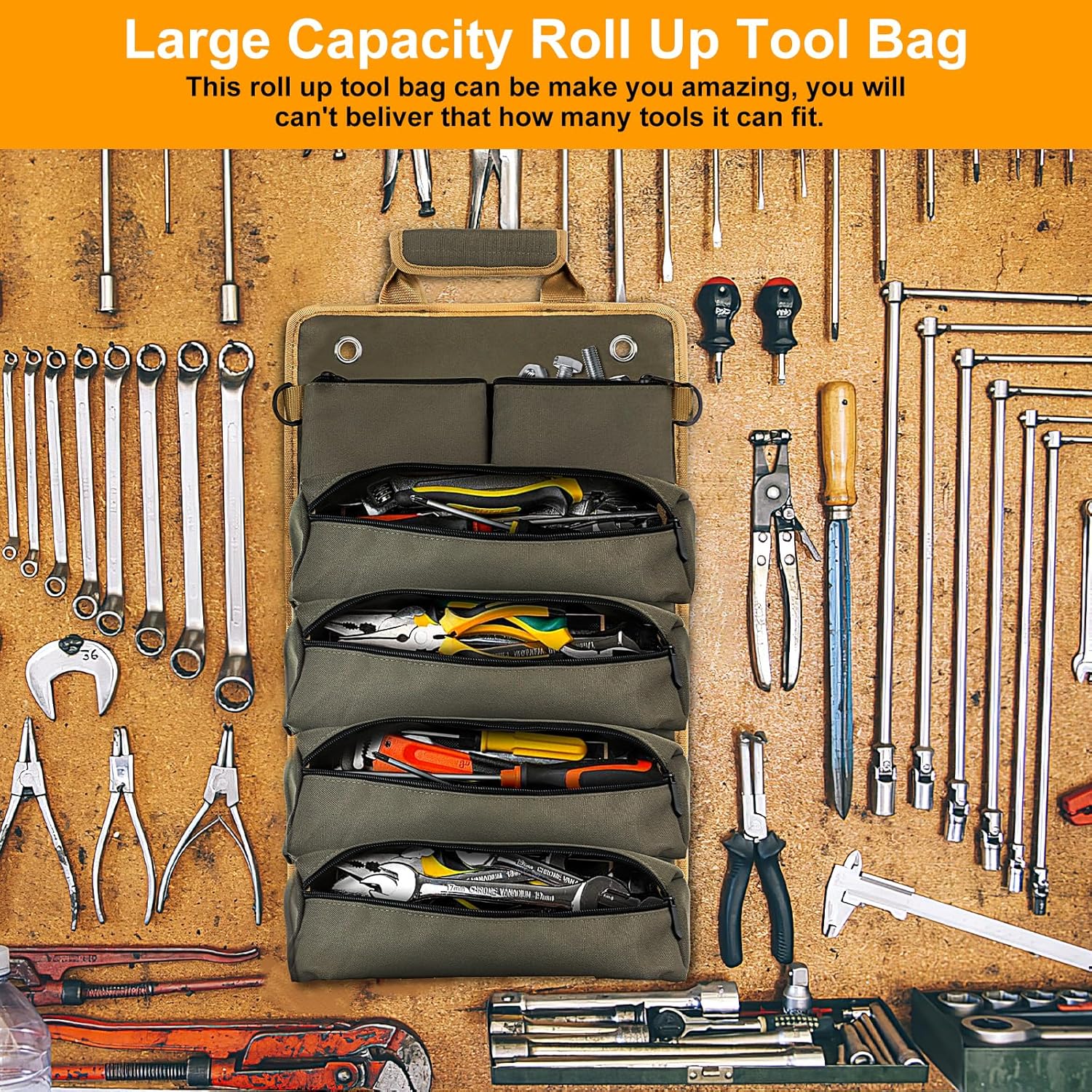 FOUUAAOOU Small Roll Up Tool Bag with Detachable Pouches Heavy Duty Organizer for Mechanics and Electricians Green Gift for Men - View 3 of 9