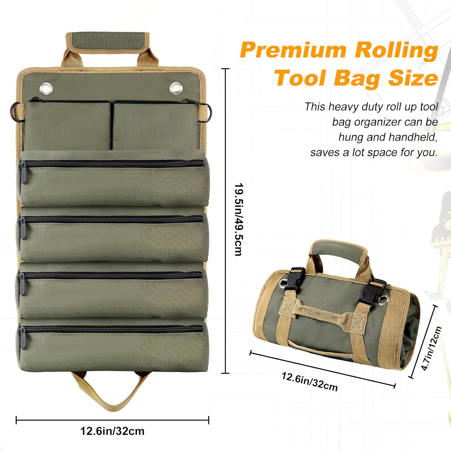 FOUUAAOOU Small Roll Up Tool Bag with Detachable Pouches Heavy Duty Organizer for Mechanics and Electricians Green Gift for Men - View 4 of 9