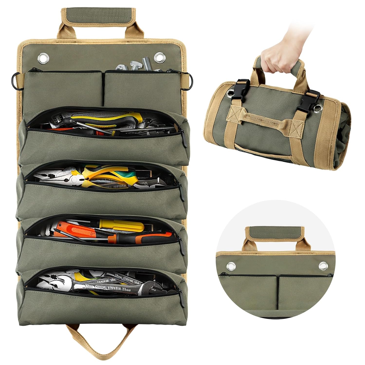 FOUUAAOOU Small Roll Up Tool Bag with Detachable Pouches Heavy Duty Organizer for Mechanics and Electricians Green Gift for Men - View 8 of 9