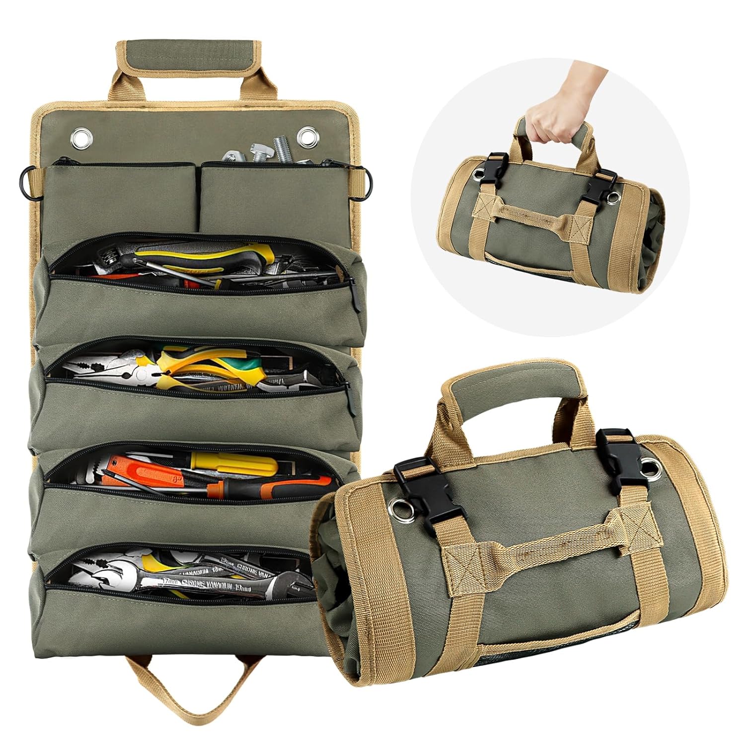 FOUUAAOOU Small Roll Up Tool Bag with Detachable Pouches Heavy Duty Organizer for Mechanics and Electricians Green Gift for Men
