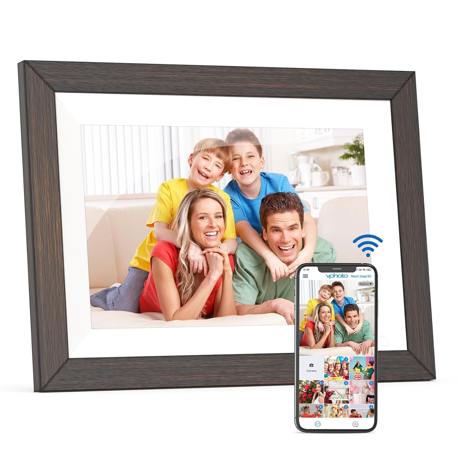 FULLJA Wireless Digital Photo Frame 10.1 Inch Wooden Electronic Album 32GB IPS Touch Screen Motion Sensor Auto-Rotate Perfect Gift for Loved Ones