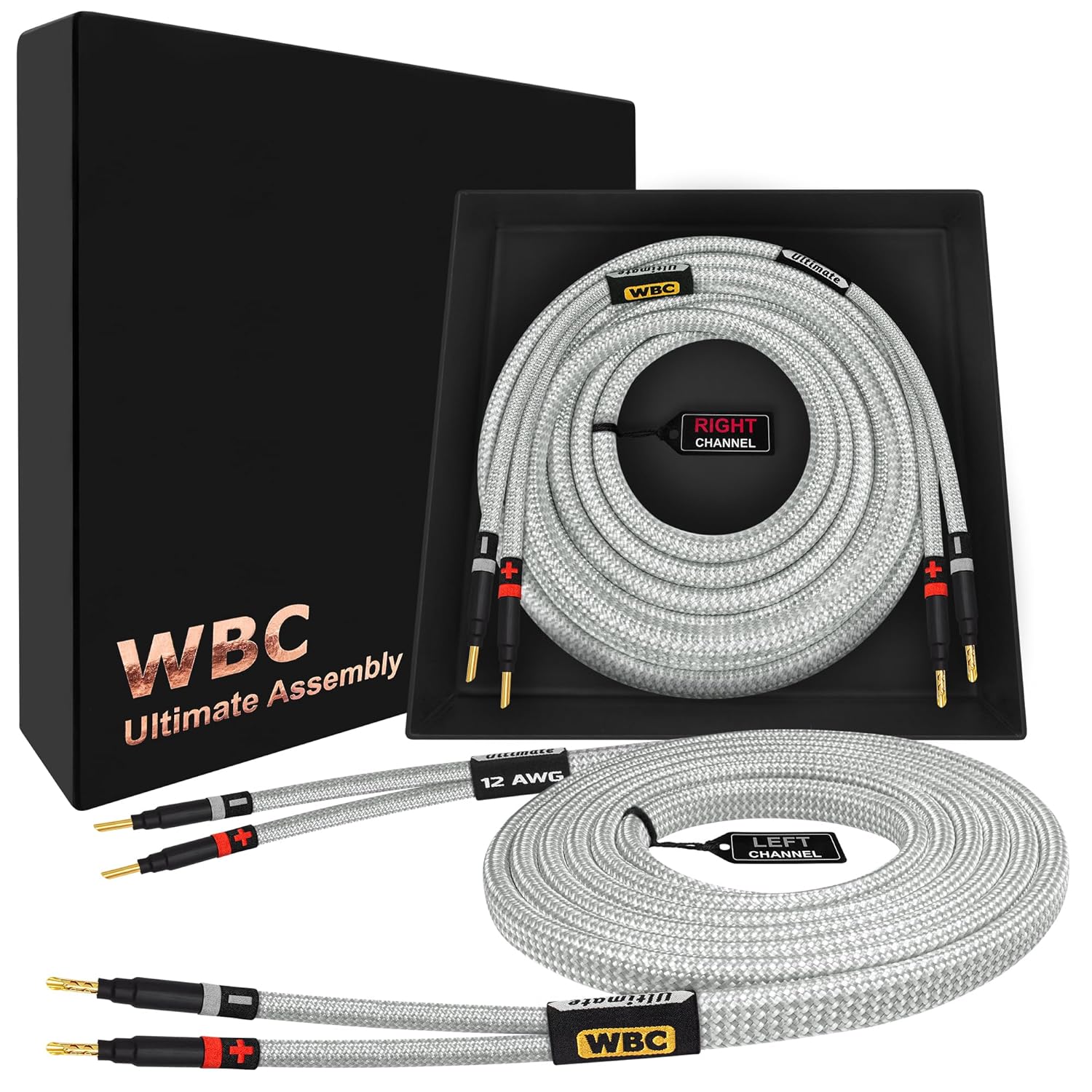 WORLDS BEST CABLES Worlds Best Cables 8 Foot Ultimate 12 AWG Ultra Pure OFC Premium Audiophile HiFi Speaker Cable Pair with Eminence Gold Banana Plugs