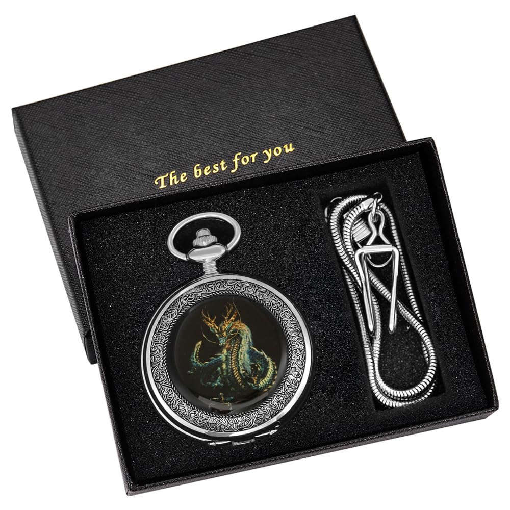 Whodoit Whodoit Vintage Dragon Mechanical Pocket Watch with Roman Numerals and Chain for Men - View 2 of 8