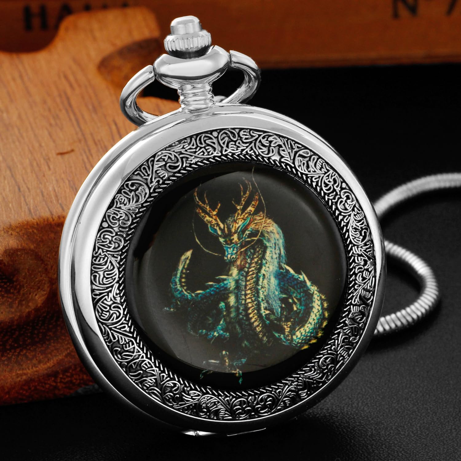 Whodoit Whodoit Vintage Dragon Mechanical Pocket Watch with Roman Numerals and Chain for Men - View 3 of 8