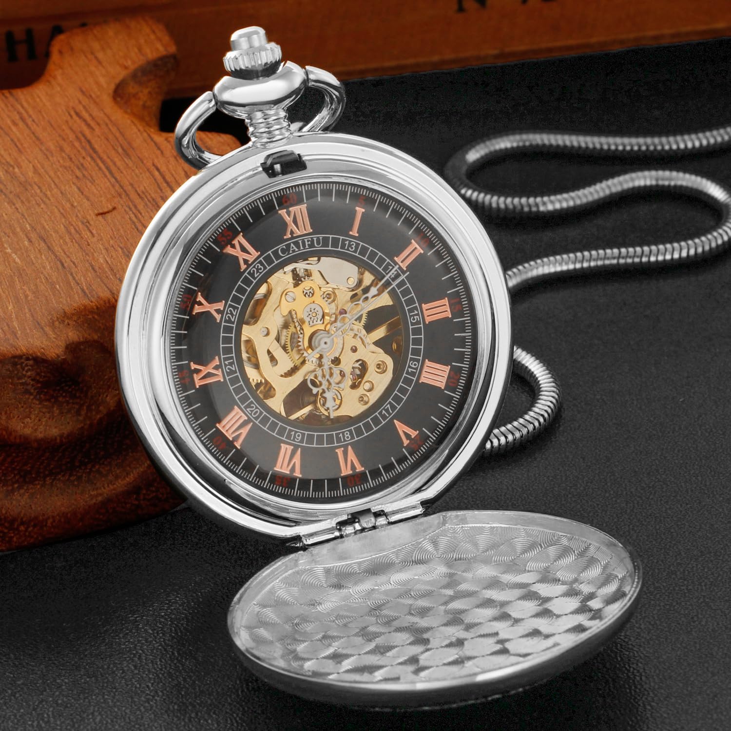 Whodoit Whodoit Vintage Dragon Mechanical Pocket Watch with Roman Numerals and Chain for Men - View 4 of 8