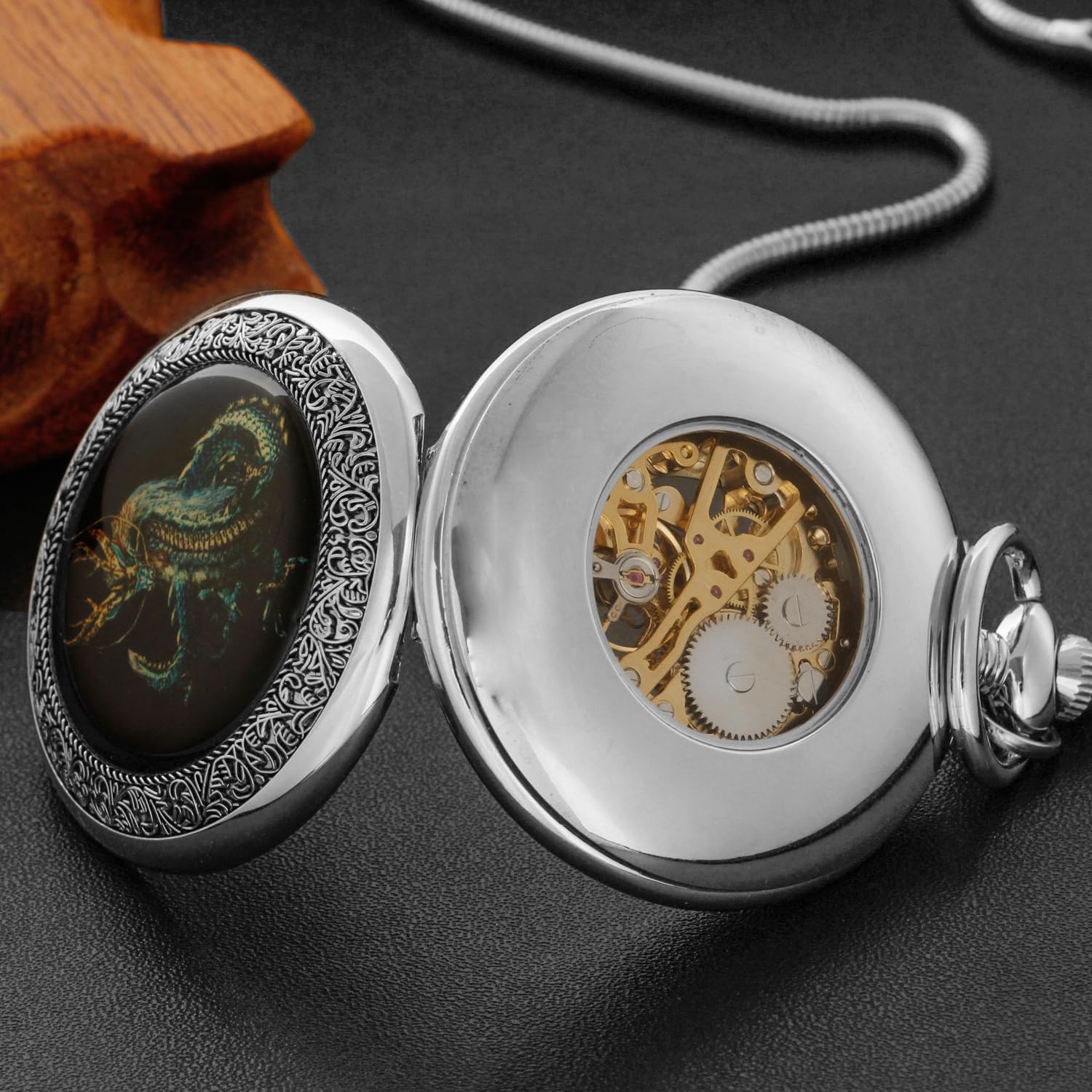 Whodoit Whodoit Vintage Dragon Mechanical Pocket Watch with Roman Numerals and Chain for Men - View 6 of 8