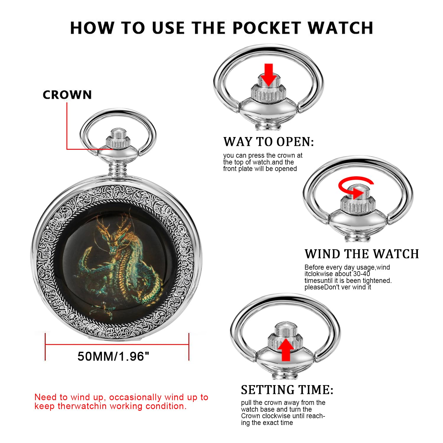 Whodoit Whodoit Vintage Dragon Mechanical Pocket Watch with Roman Numerals and Chain for Men - View 7 of 8