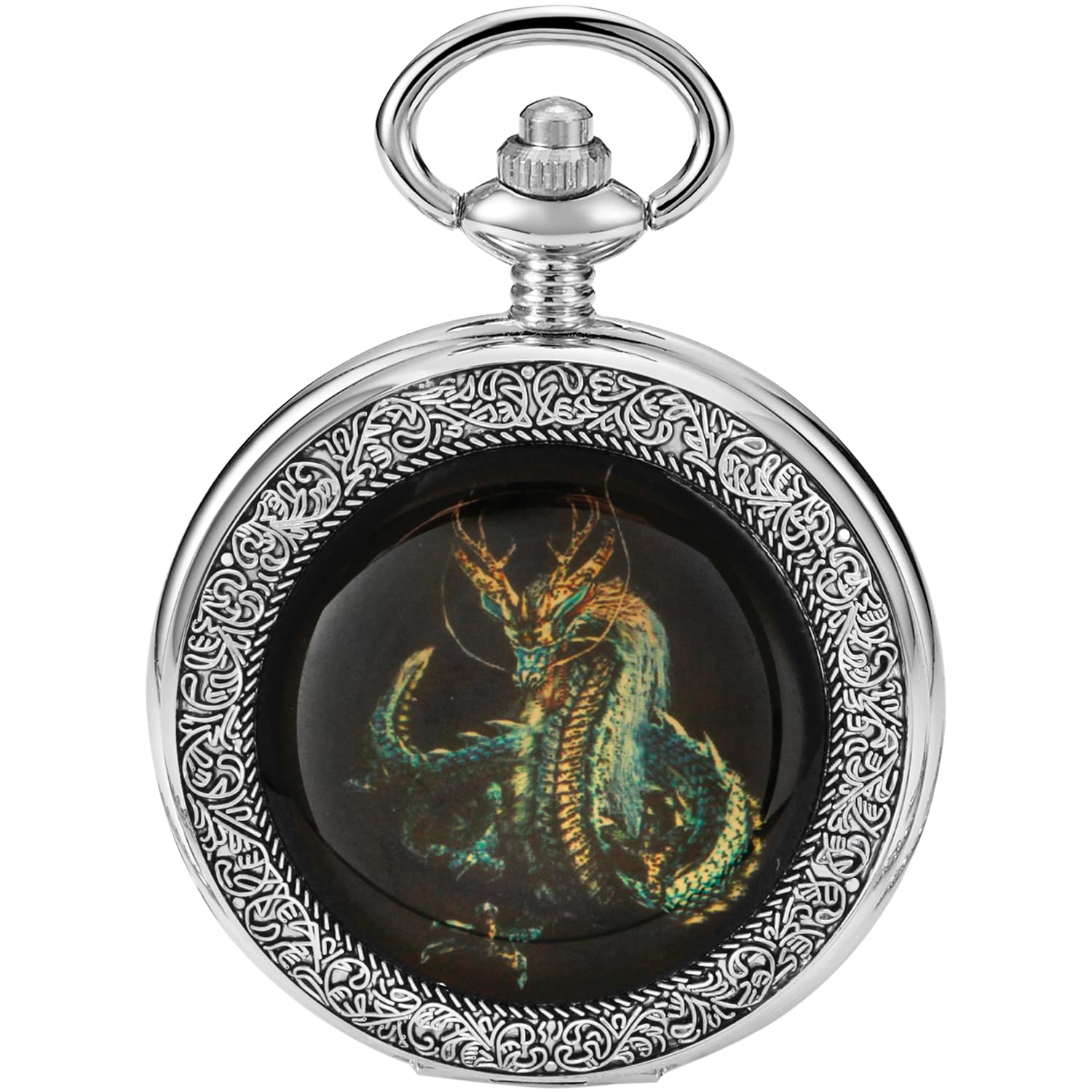 Whodoit Whodoit Vintage Dragon Mechanical Pocket Watch with Roman Numerals and Chain for Men - View 8 of 8