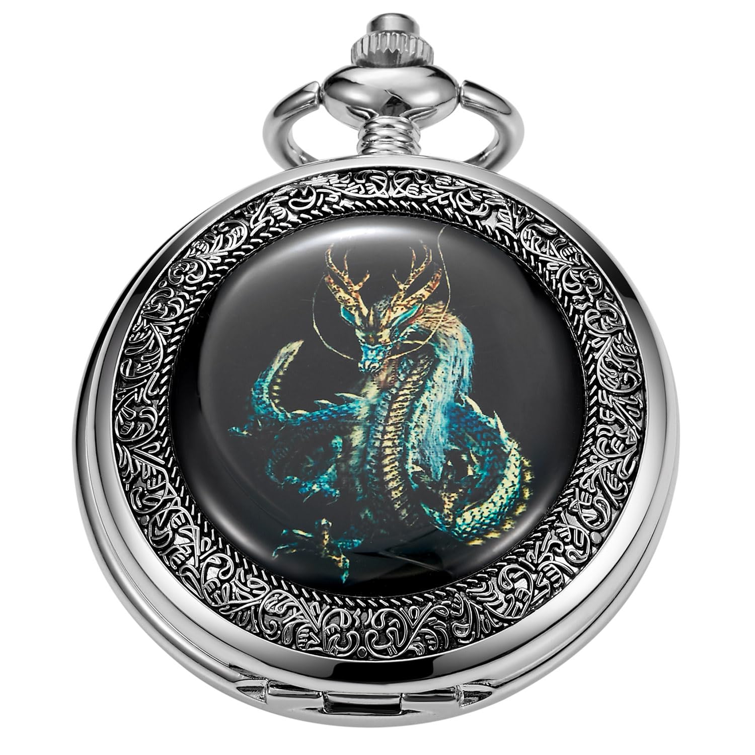 Whodoit Vintage Dragon Mechanical Pocket Watch with Roman Numerals and Chain for Men