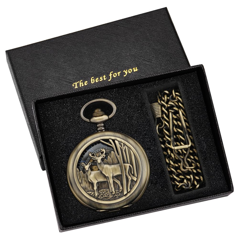 Whodoit Double Opening Bronze Mechanical Pocket Watch with Deer Hollow Case and Chain for Men Gift - View 2 of 7