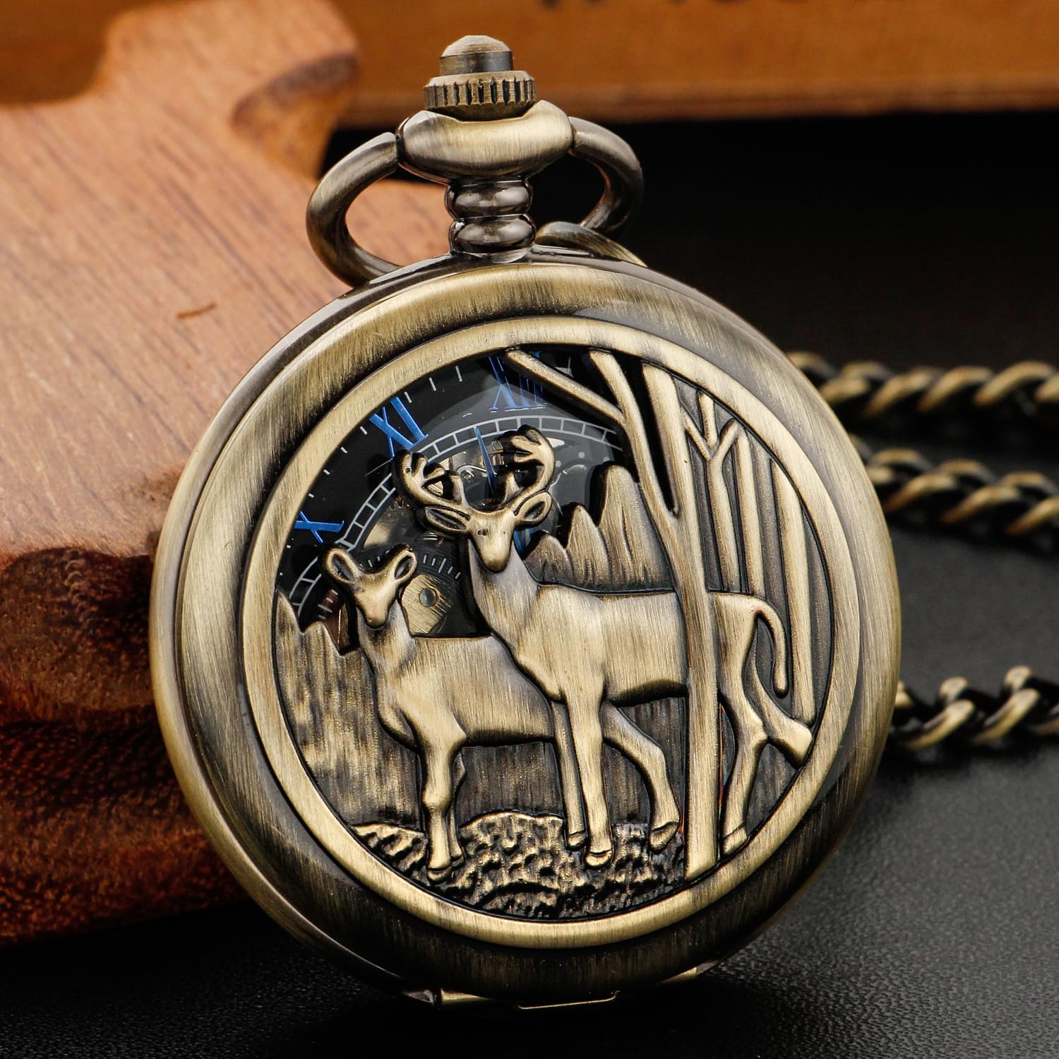 Whodoit Double Opening Bronze Mechanical Pocket Watch with Deer Hollow Case and Chain for Men Gift - View 3 of 7