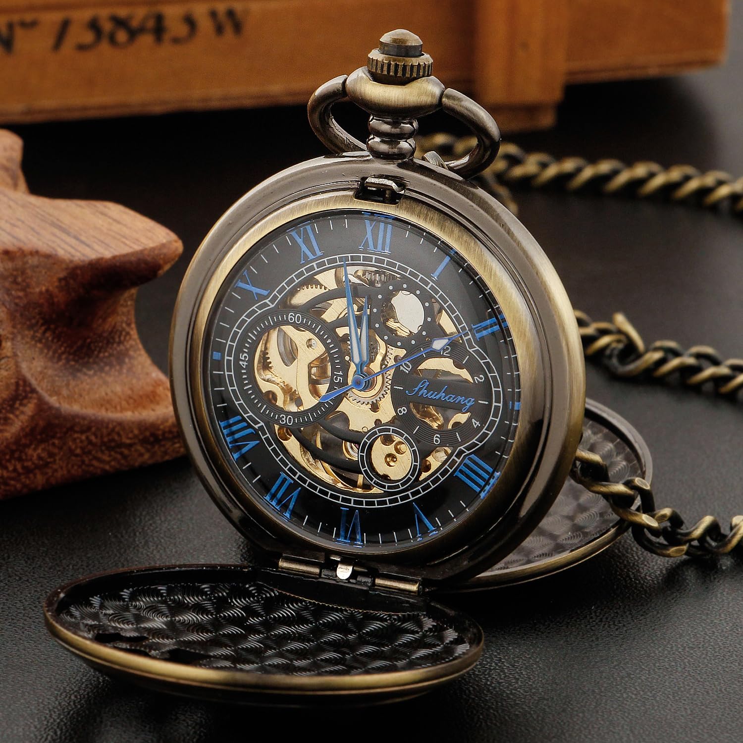 Whodoit Double Opening Bronze Mechanical Pocket Watch with Deer Hollow Case and Chain for Men Gift - View 4 of 7