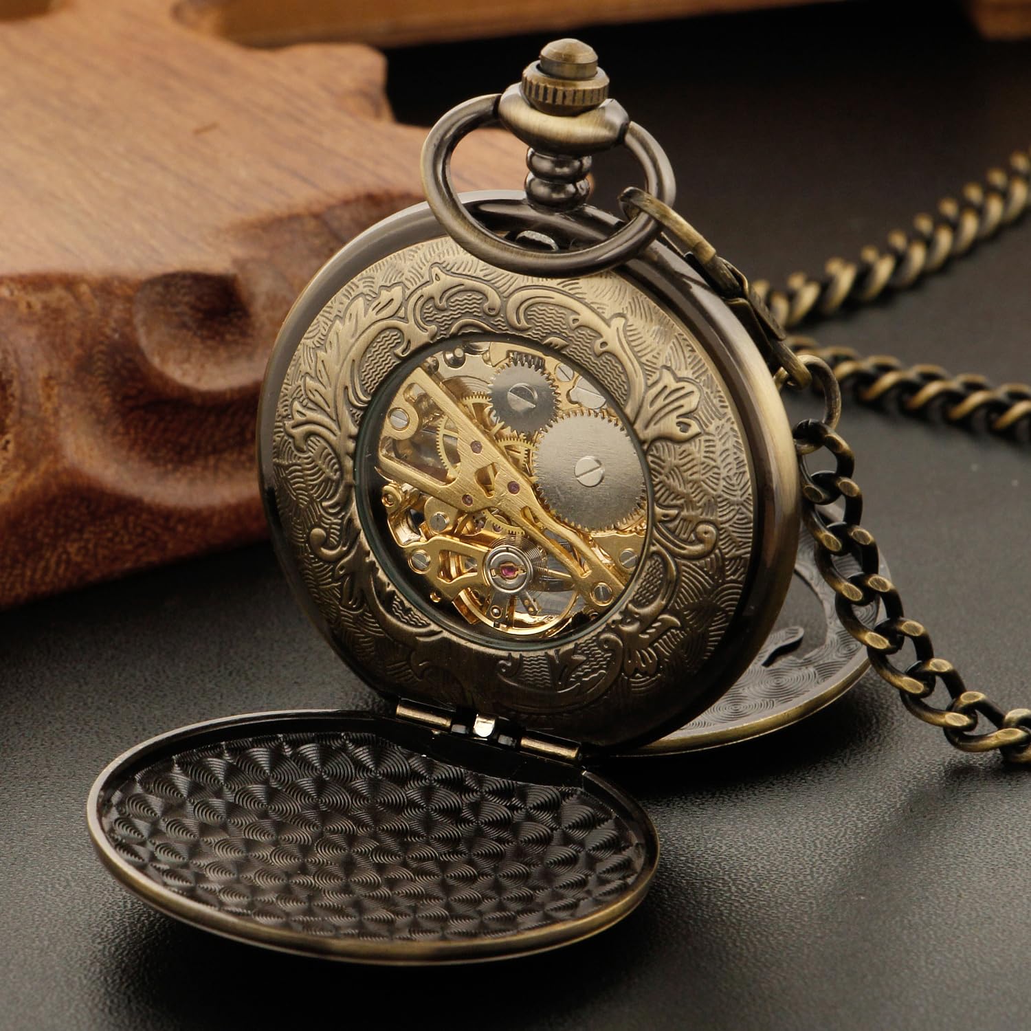 Whodoit Double Opening Bronze Mechanical Pocket Watch with Deer Hollow Case and Chain for Men Gift - View 5 of 7