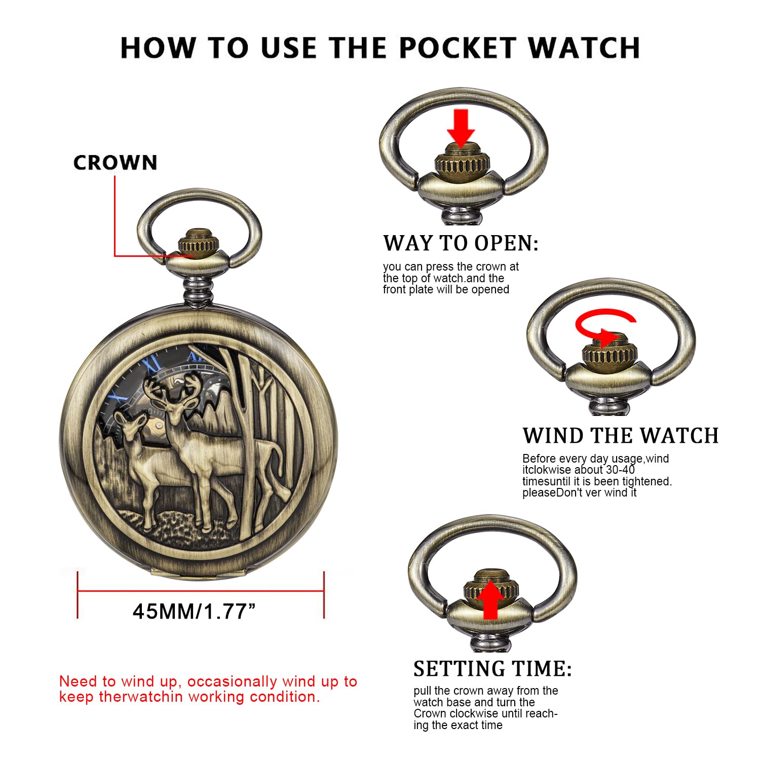 Whodoit Double Opening Bronze Mechanical Pocket Watch with Deer Hollow Case and Chain for Men Gift - View 7 of 7