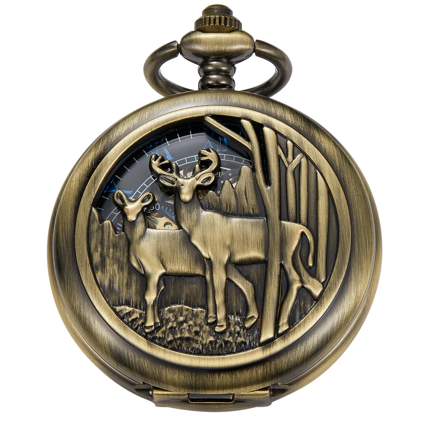 Double Opening Bronze Mechanical Pocket Watch with Deer Hollow Case and Chain for Men Gift