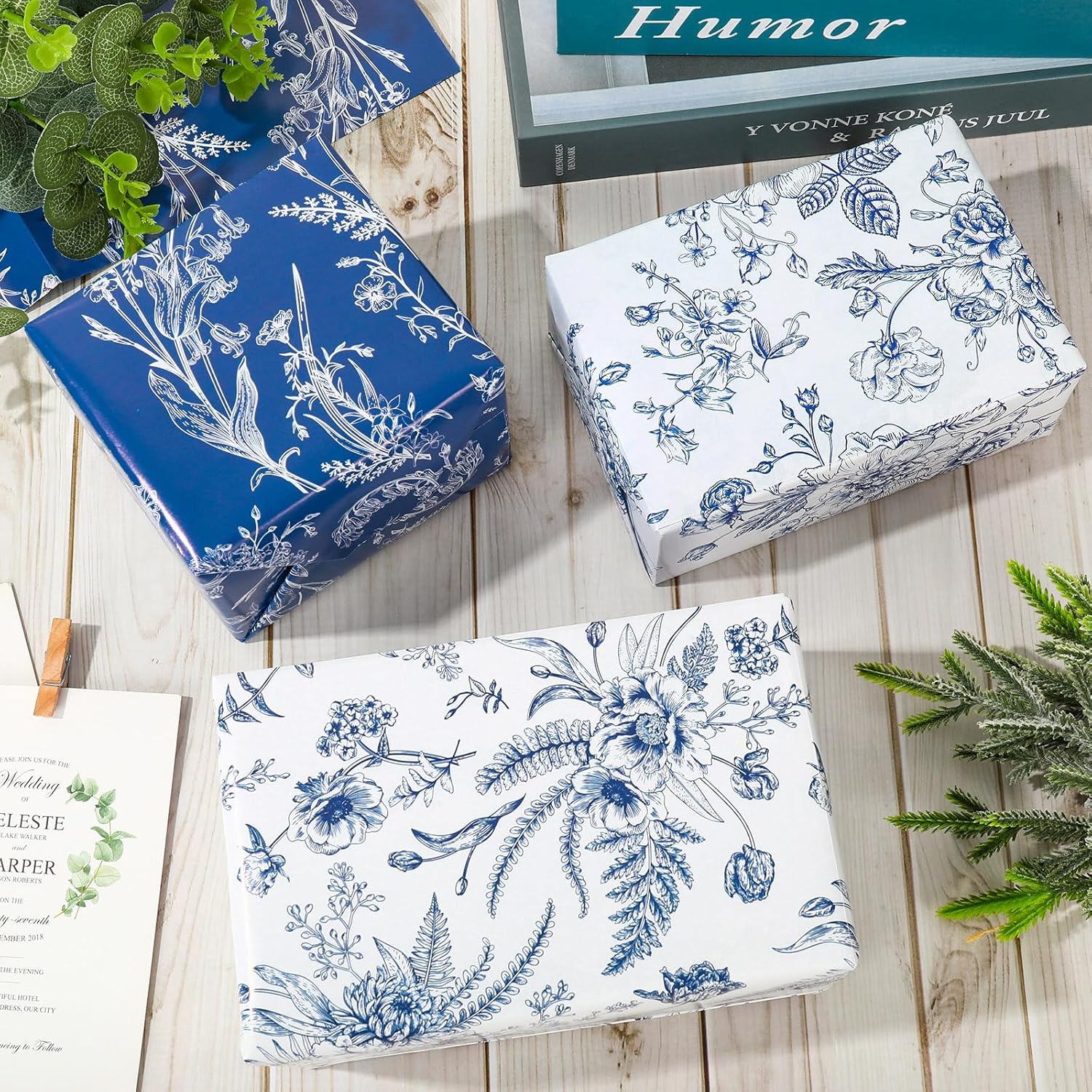 AnyDesign AnyDesign Blue Floral Wrapping Paper 19.7 x 27.6 Inch 8 Sheets Wild Flower Gift Wrap for Weddings Birthdays Baby Showers DIY Crafts - View 4 of 7