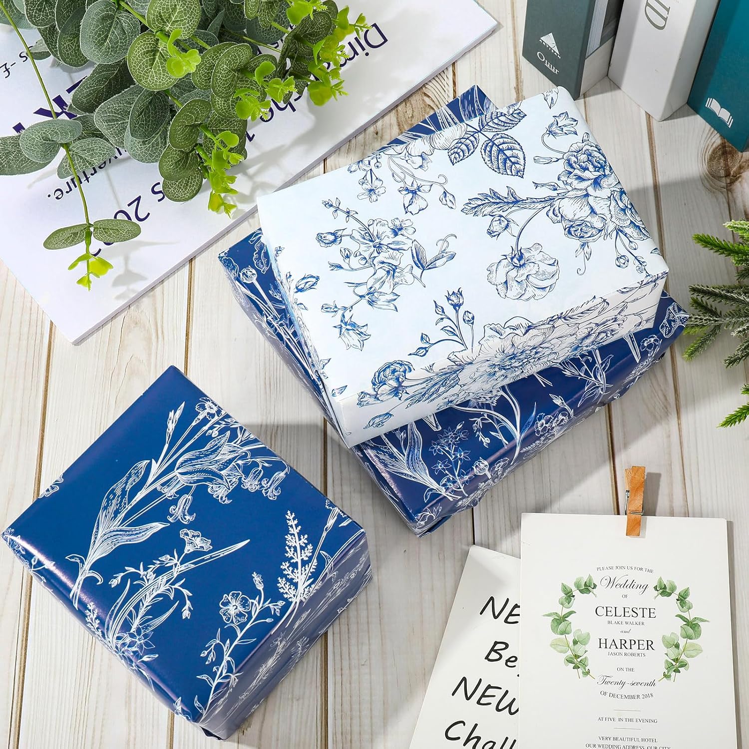 AnyDesign AnyDesign Blue Floral Wrapping Paper 19.7 x 27.6 Inch 8 Sheets Wild Flower Gift Wrap for Weddings Birthdays Baby Showers DIY Crafts - View 5 of 7