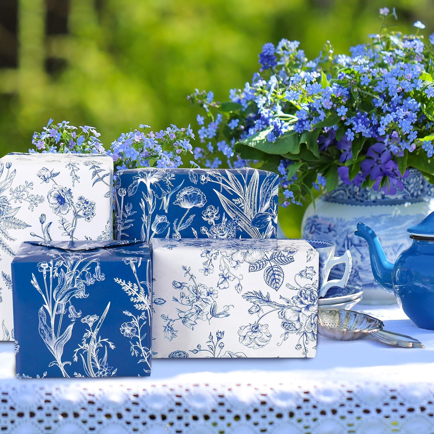 AnyDesign AnyDesign Blue Floral Wrapping Paper 19.7 x 27.6 Inch 8 Sheets Wild Flower Gift Wrap for Weddings Birthdays Baby Showers DIY Crafts - View 6 of 7