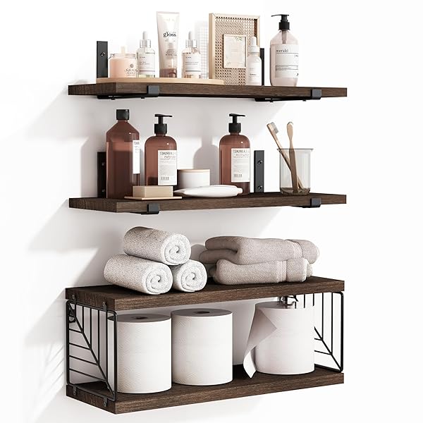 Fixwal Fixwal 3 Tier Bathroom Floating Shelves Over Toilet Rustic Wood Wall Decor for Bathroom Living Room Bedroom and Kitchen Dark Brown