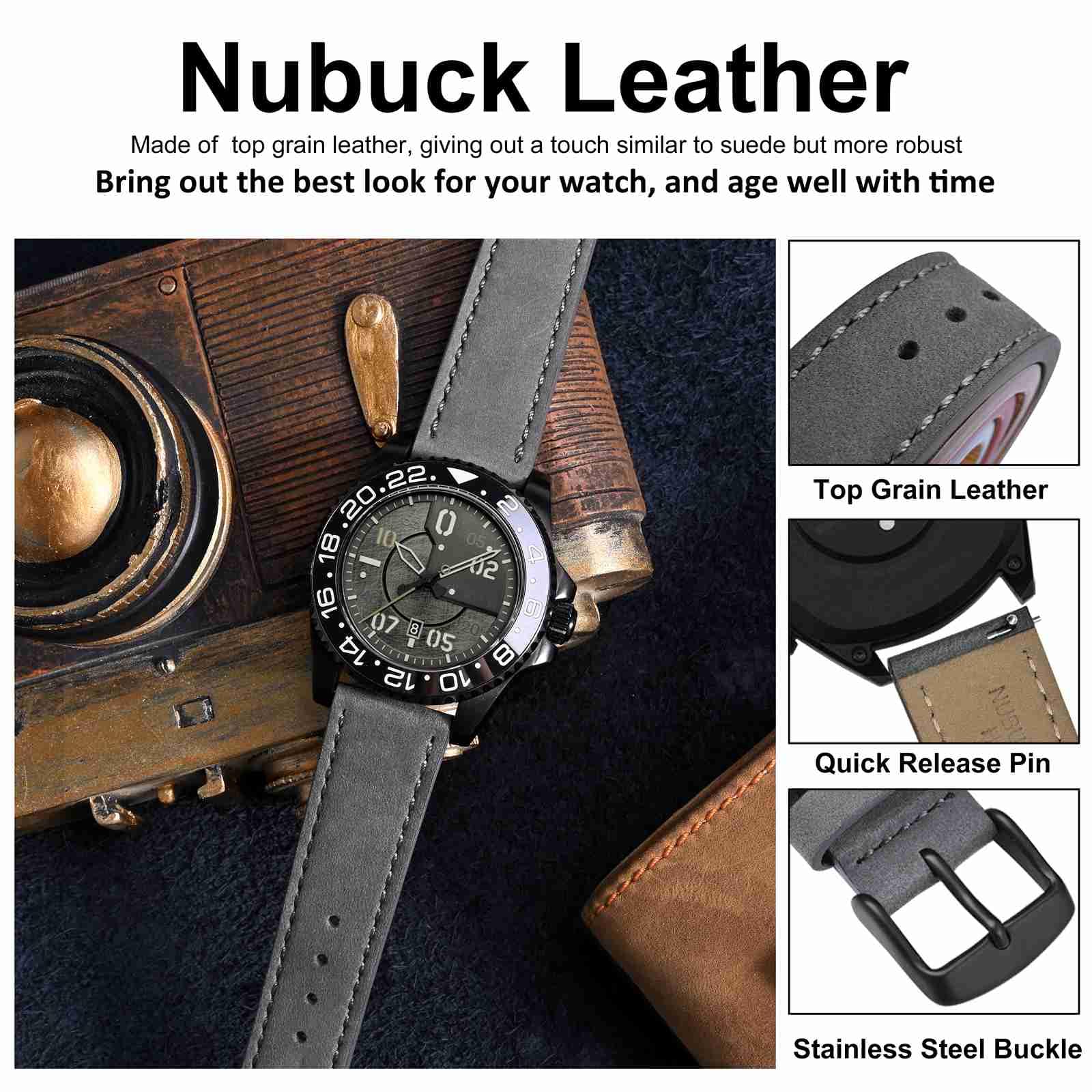 WOCCI WOCCI 18mm Retro Leather Watch Band Quick Release Replacement Strap for Men and Women with Black Buckle in Grey - View 4 of 9