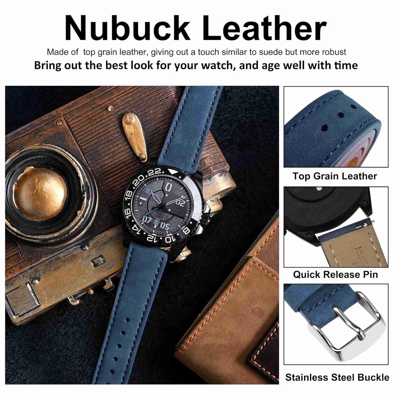 WOCCI WOCCI 18mm Retro Leather Watch Band Quick Release Replacement Strap for Men and Women Blue with Silver Buckle - View 4 of 9