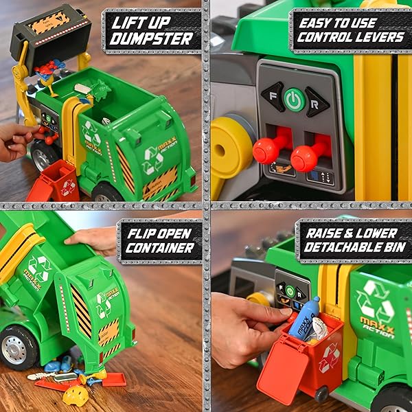 Maxx Action Large Motorized 19 Inch Maxx Action Garbage Truck Toy Set with Lights Sound Dumpster Trash Bin Miniature Pieces for Kids - View 5 of 9