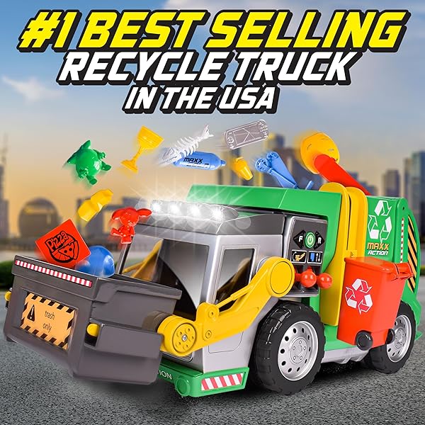 Maxx Action Large Motorized 19 Inch Maxx Action Garbage Truck Toy Set with Lights Sound Dumpster Trash Bin Miniature Pieces for Kids - View 7 of 9
