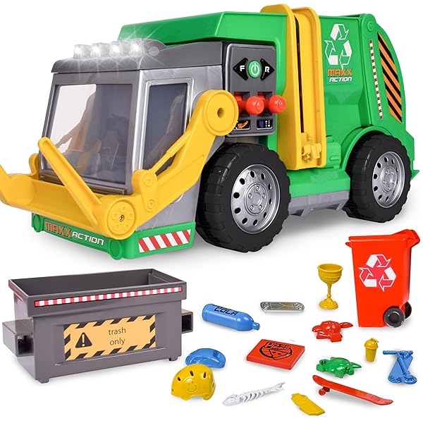 Maxx Action Large Motorized 19 Inch Maxx Action Garbage Truck Toy Set with Lights Sound Dumpster Trash Bin Miniature Pieces for Kids