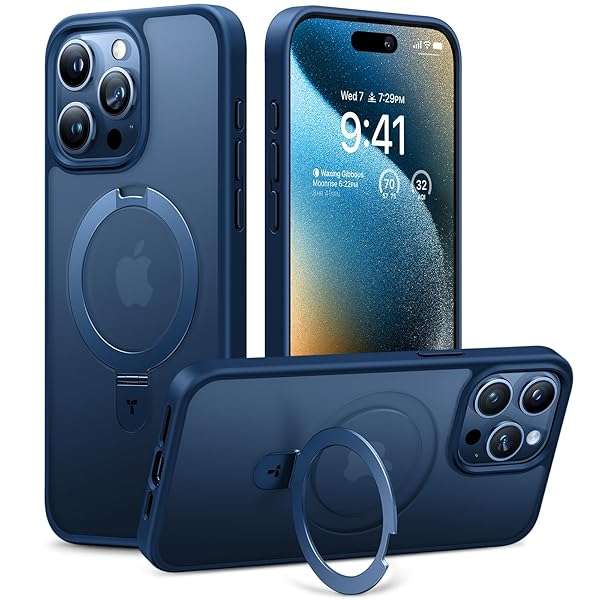 TORRAS Magnetic Stand for iPhone 15 Pro Max Case - Slim, Anti-Fingerprint, Translucent Blue Titanium 2023