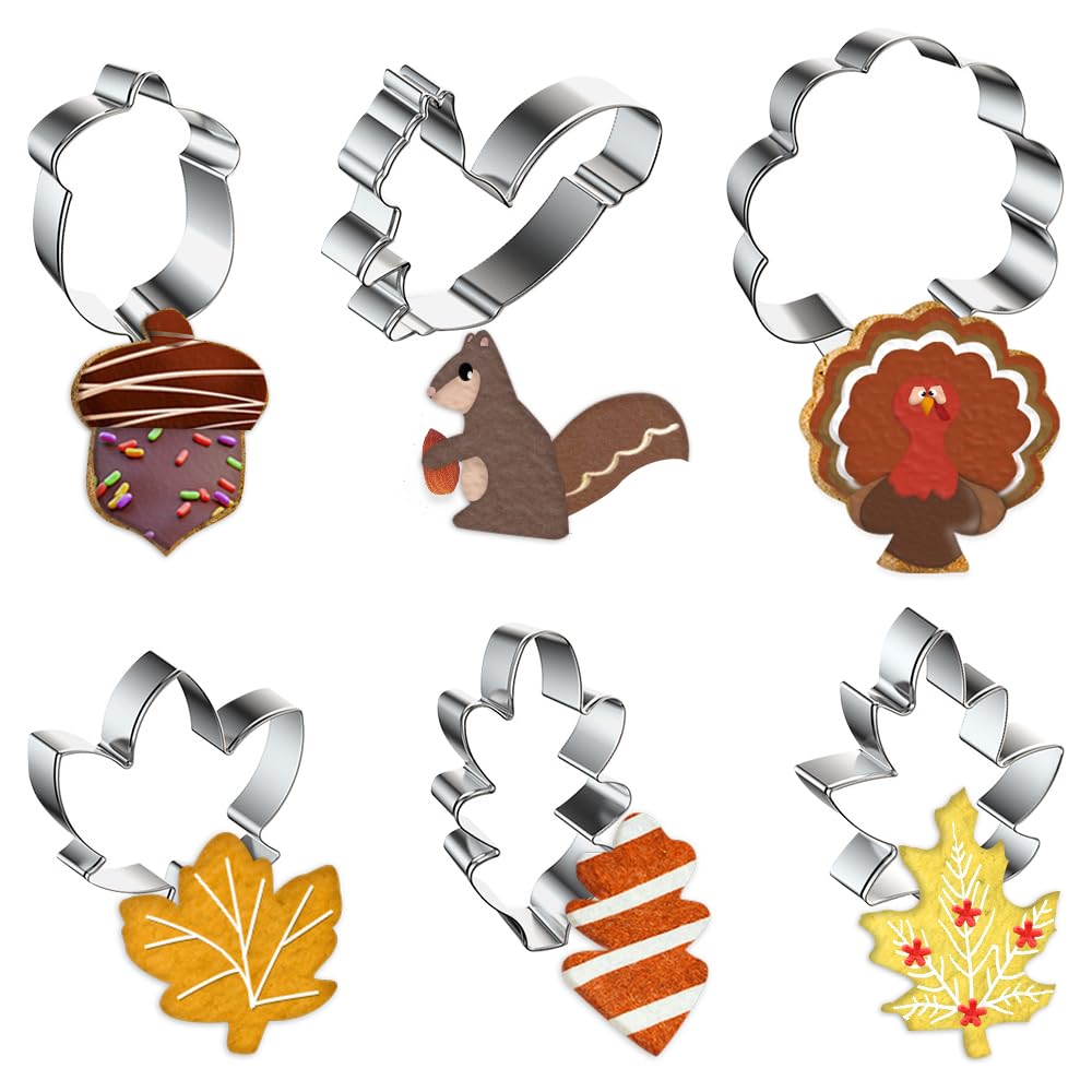 Hying Hying 6 PCS Fall Thanksgiving Cookie Cutters Set for Baking Autumn Maple Leaves Carrot Squirrel Molds for DIY Baking Decor
