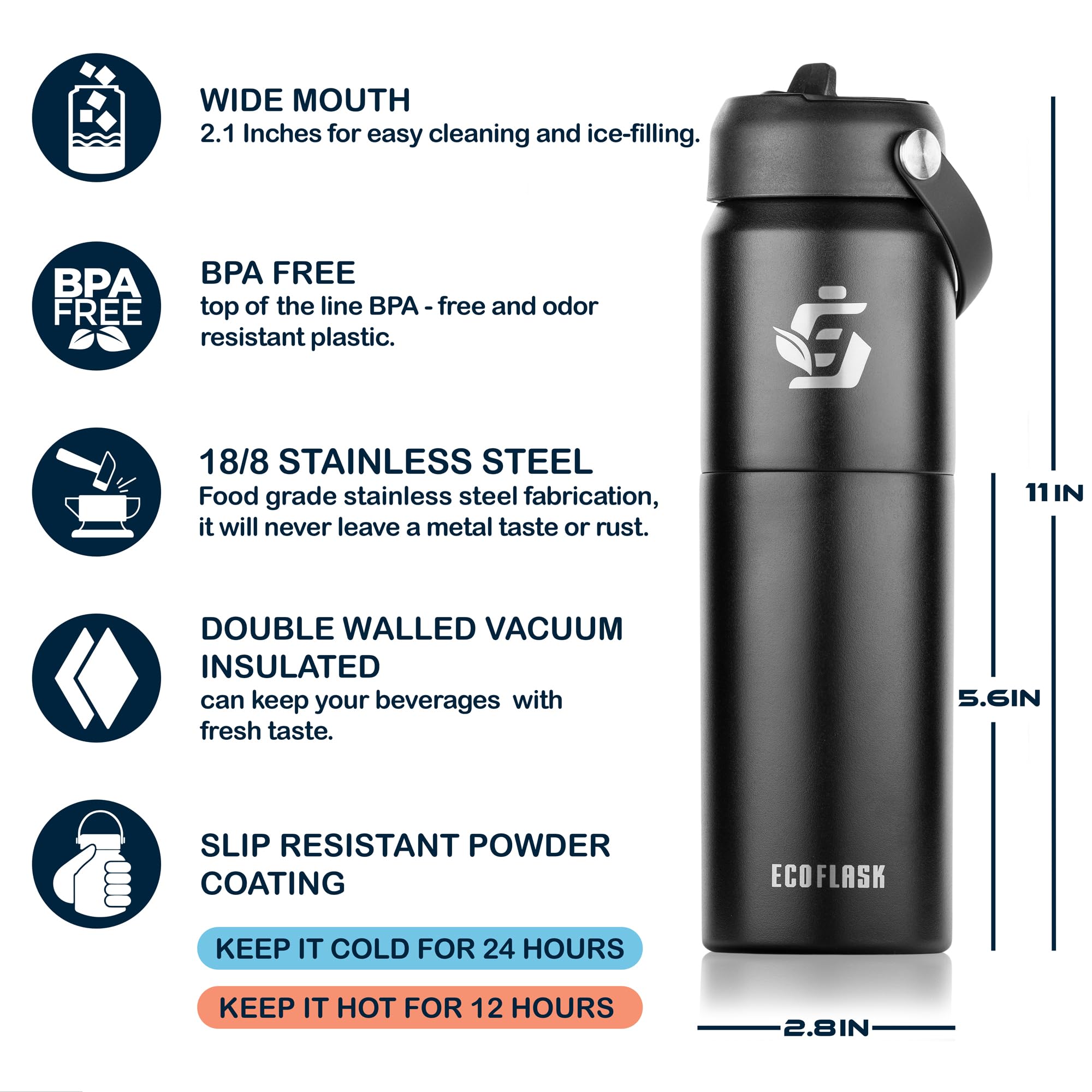 Eco Flask Eco Flask 22 oz Insulated Water Bottle with 16 oz Detachable Cup and 3 Lids for Ultimate Hydration and Convenience - View 2 of 6