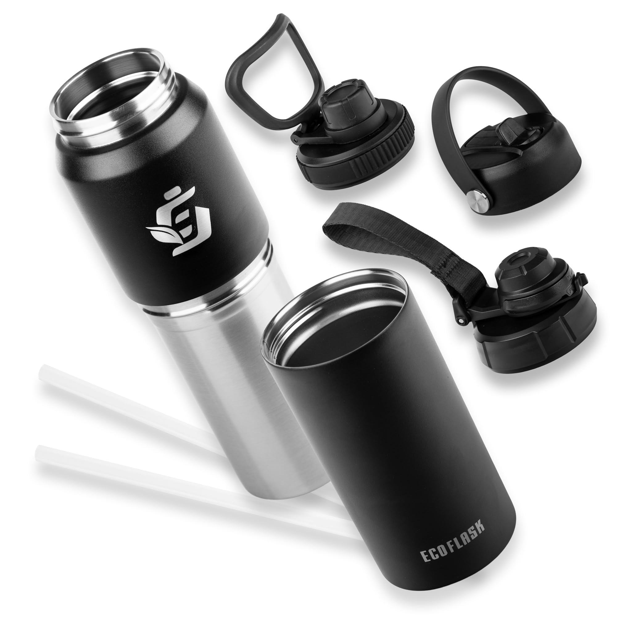 Eco Flask Eco Flask 22 oz Insulated Water Bottle with 16 oz Detachable Cup and 3 Lids for Ultimate Hydration and Convenience